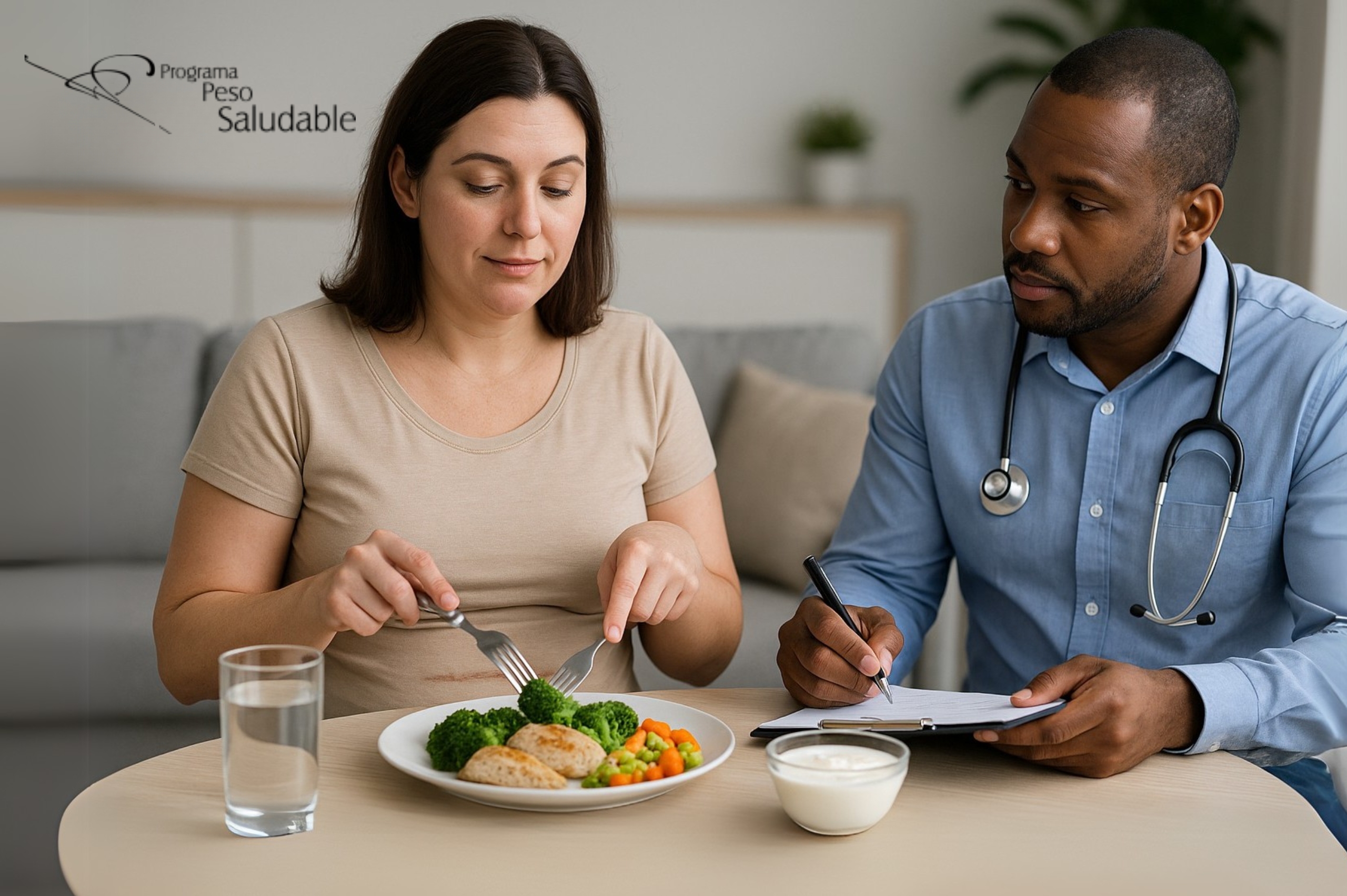 Paciente en consulta nutricional con médico del Programa Peso Saludable, aprendiendo sobre dieta balanceada después de cirugía bariátrica.