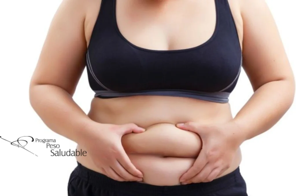 Persona sosteniendo la piel del abdomen con ambas manos, representando el exceso de grasa abdominal antes de iniciar un tratamiento para la obesidad en el Programa Peso Saludable.