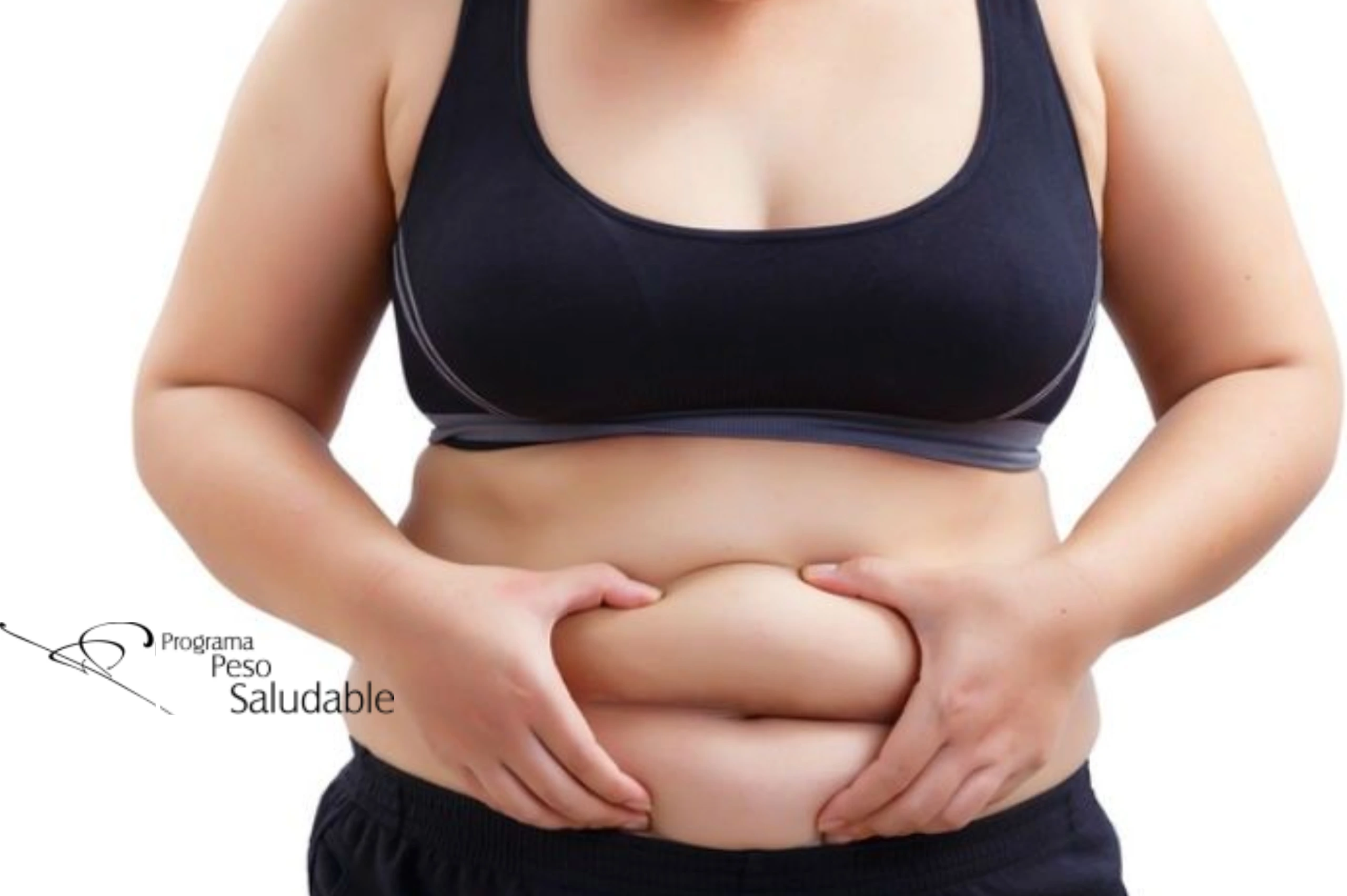Persona sosteniendo la piel del abdomen con ambas manos, representando el exceso de grasa abdominal antes de iniciar un tratamiento para la obesidad en el Programa Peso Saludable.