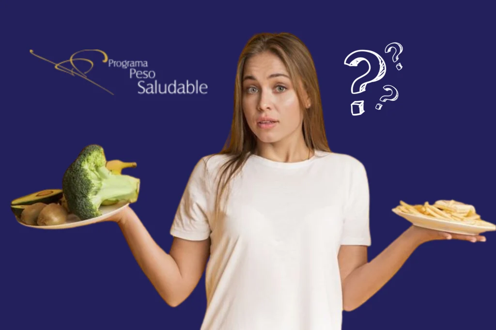 Mujer sosteniendo en una mano un plato con vegetales y en la otra un plato con papas fritas, representando la duda entre alimentación saludable y comida procesada, junto al logo del Programa Peso Saludable.