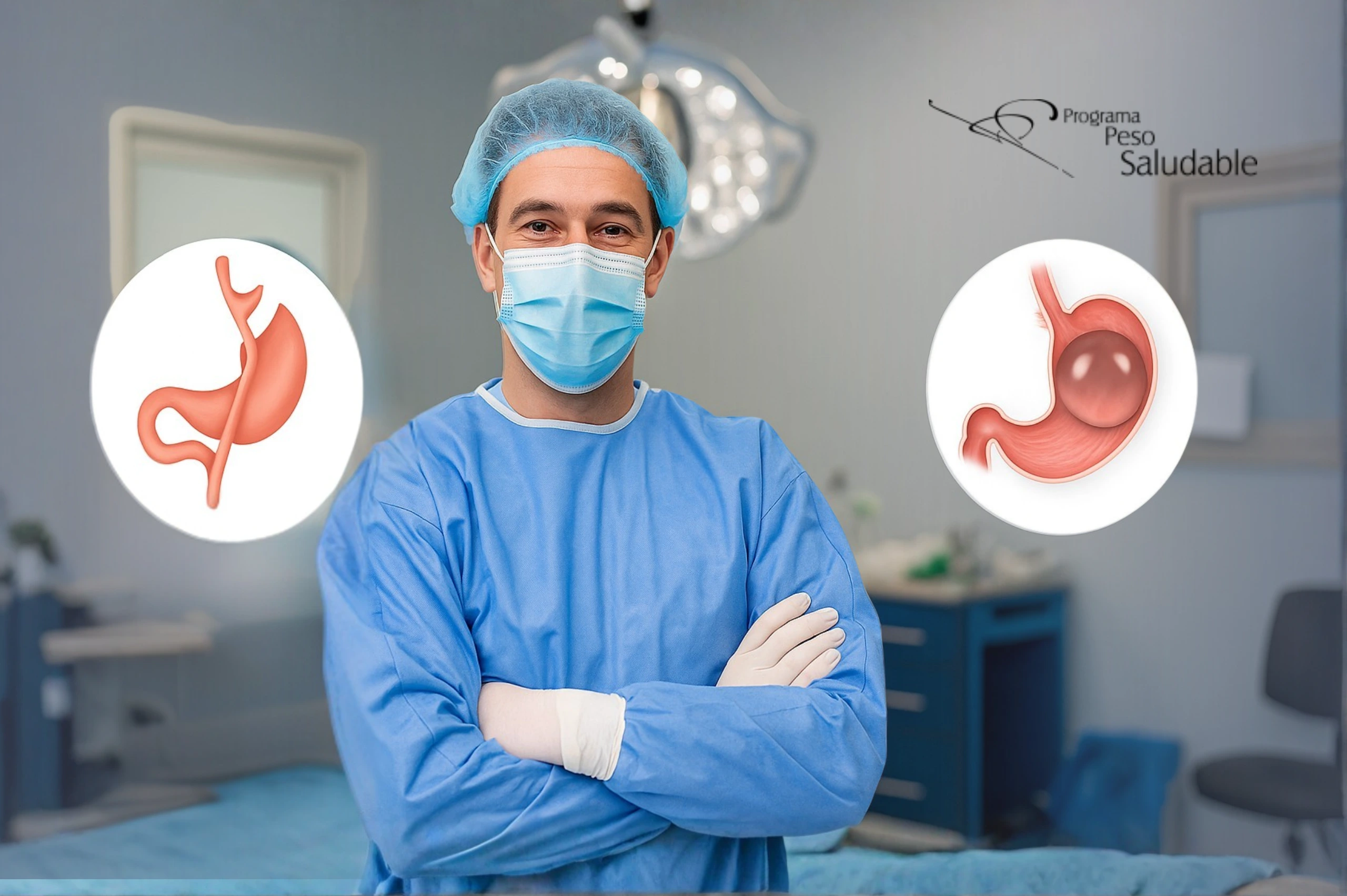 Médico con bata y mascarilla en una sala de cirugía, de pie con los brazos cruzados. A su izquierda aparece una ilustración del estómago con el procedimiento de gastroplastia endoscópica (ESG), y a su derecha una ilustración del estómago con un balón gástrico. En la parte superior derecha se ve el logo del Programa Peso Saludable.