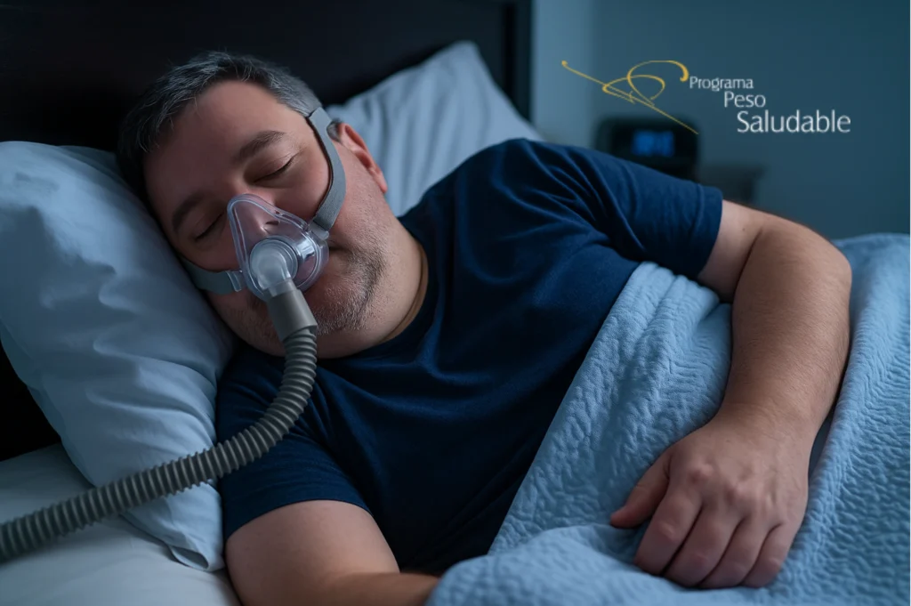 Hombre con sobrepeso durmiendo con una máscara de respiración asistida, acostado en cama bajo una manta azul. En la esquina, logo del Programa Peso Saludable.