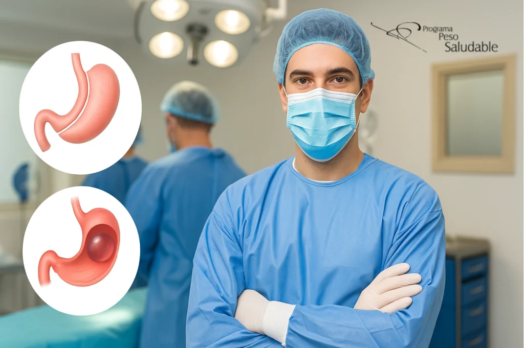 Médico con bata y mascarilla en un quirófano, con los brazos cruzados. A la izquierda aparecen dos ilustraciones: arriba, un estómago con manga gástrica; abajo, un estómago con balón gástrico. En la parte superior derecha se ve el logo del Programa Peso Saludable.
