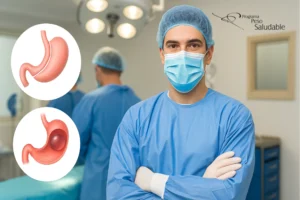 Médico con bata y mascarilla en un quirófano, con los brazos cruzados. A la izquierda aparecen dos ilustraciones: arriba, un estómago con manga gástrica; abajo, un estómago con balón gástrico. En la parte superior derecha se ve el logo del Programa Peso Saludable.