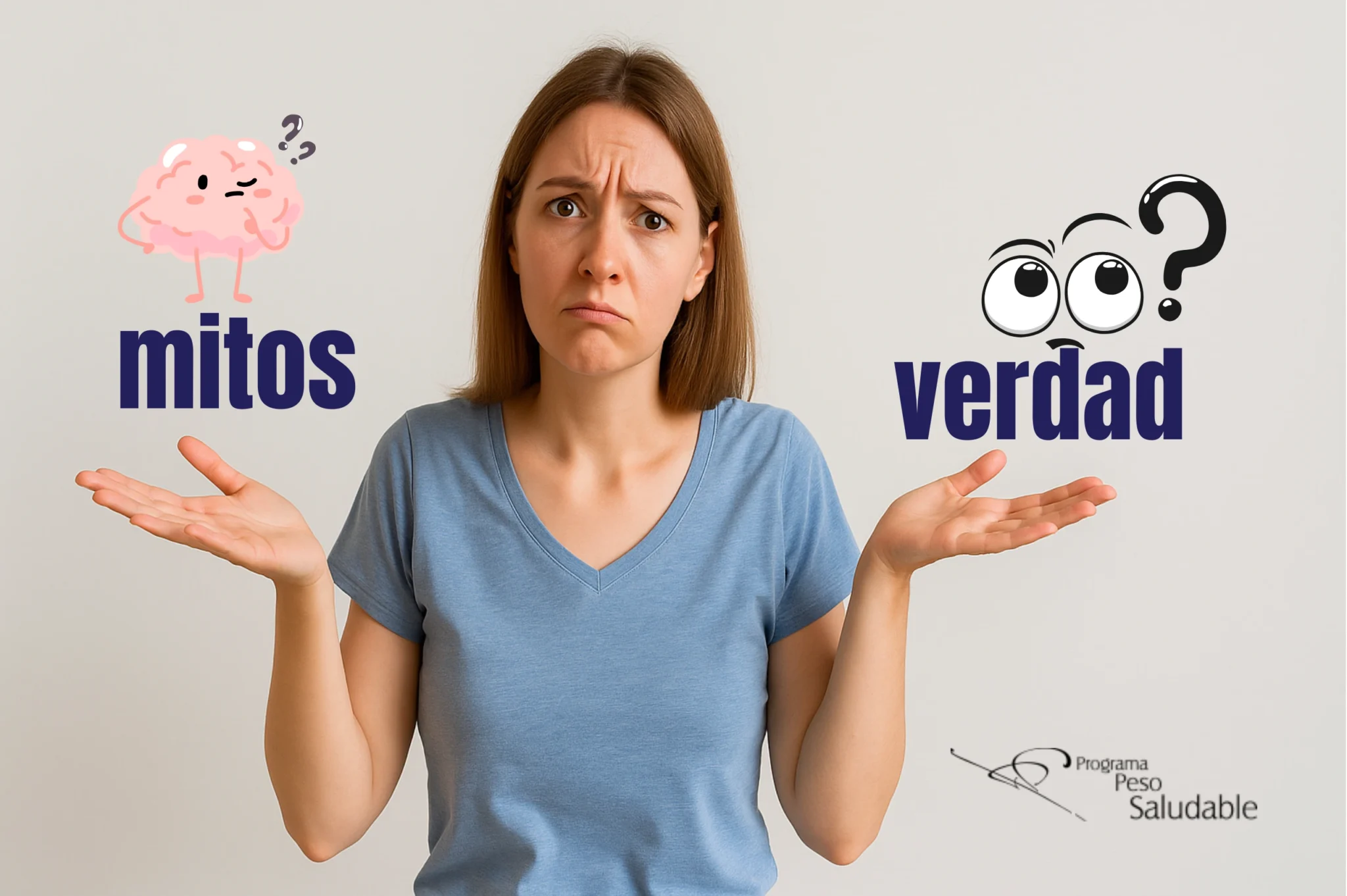Mujer con expresión de duda sostiene ambas manos abiertas mientras a su lado aparecen las palabras “mitos” y “verdad” con ilustraciones; en la esquina inferior derecha está el logo del Programa Peso Saludable.