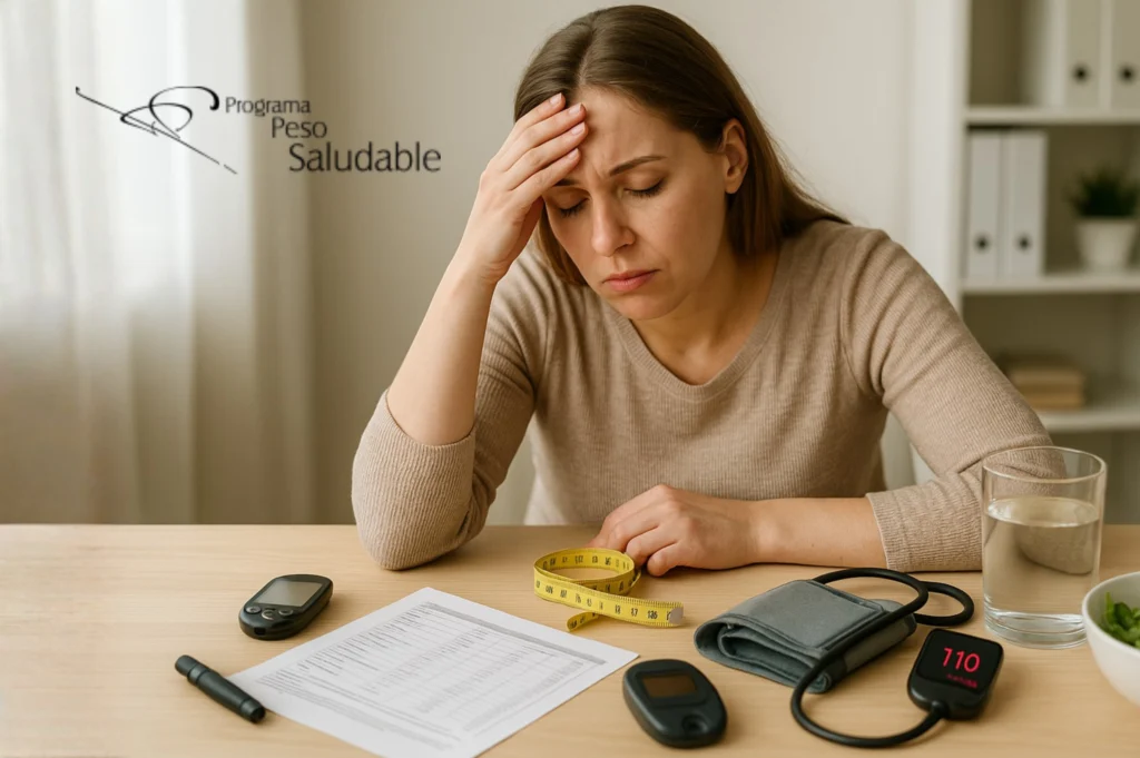 Mujer con signos de fatiga y preocupación durante una revisión de salud metabólica, rodeada de tensiómetro, glucómetro y cinta métrica del Programa Peso Saludable