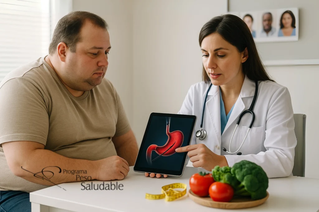 Médica del Programa Peso Saludable mostrando en una tablet la imagen de un estómago a un paciente con sobrepeso, mientras conversan sobre tratamiento metabólico y control de peso, con vegetales frescos sobre la mesa.