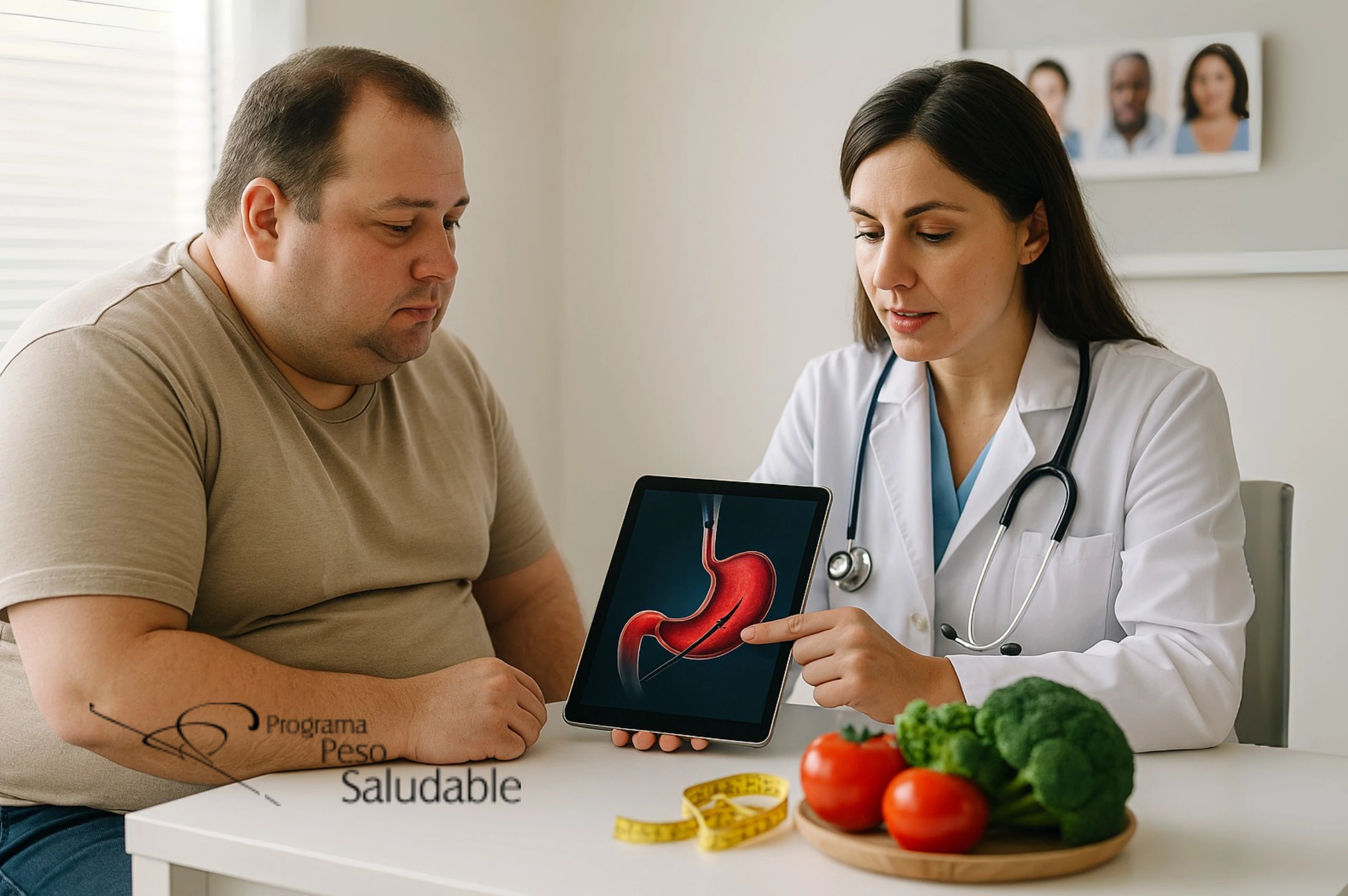 Médica del Programa Peso Saludable mostrando en una tablet la imagen de un estómago a un paciente con sobrepeso, mientras conversan sobre tratamiento metabólico y control de peso, con vegetales frescos sobre la mesa.