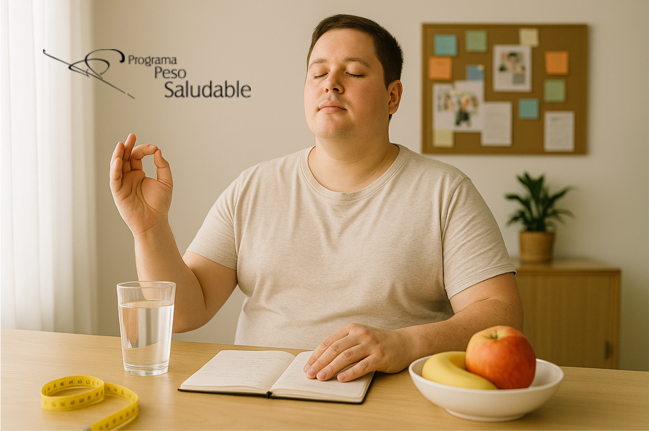 Hombre con los ojos cerrados practica una breve meditación sentado frente a una mesa con un vaso de agua, un cuaderno abierto y un plato de frutas; en la pared aparece el logo del Programa Peso Saludable.