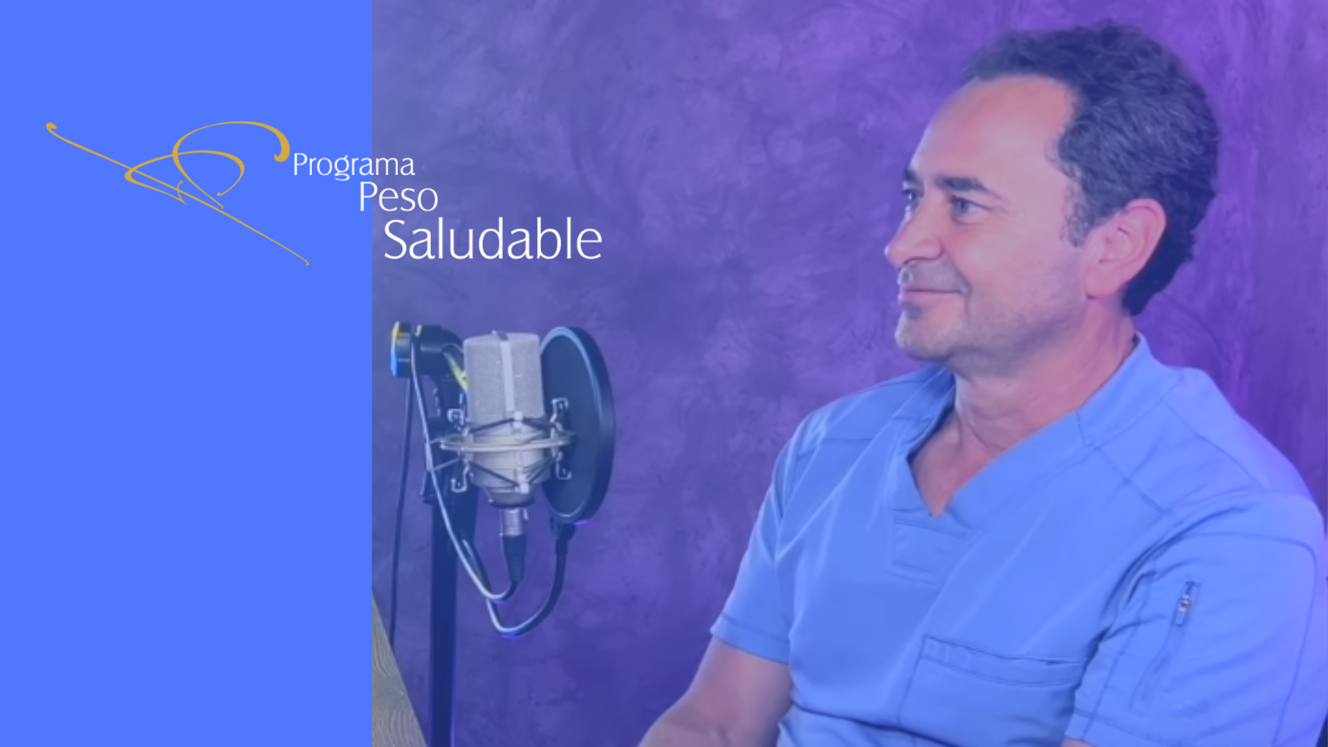 Médico del Programa Peso Saludable conversando frente a un micrófono en un set de grabación sobre tratamientos para el control de peso.