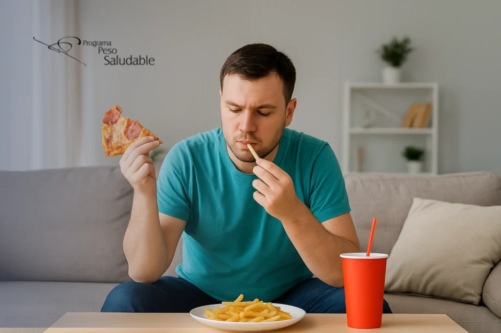 Hombre sentado en su sala comiendo pizza y papas fritas, representando hábitos alimentarios poco saludables, con el logo del Programa Peso Saludable al fondo.
