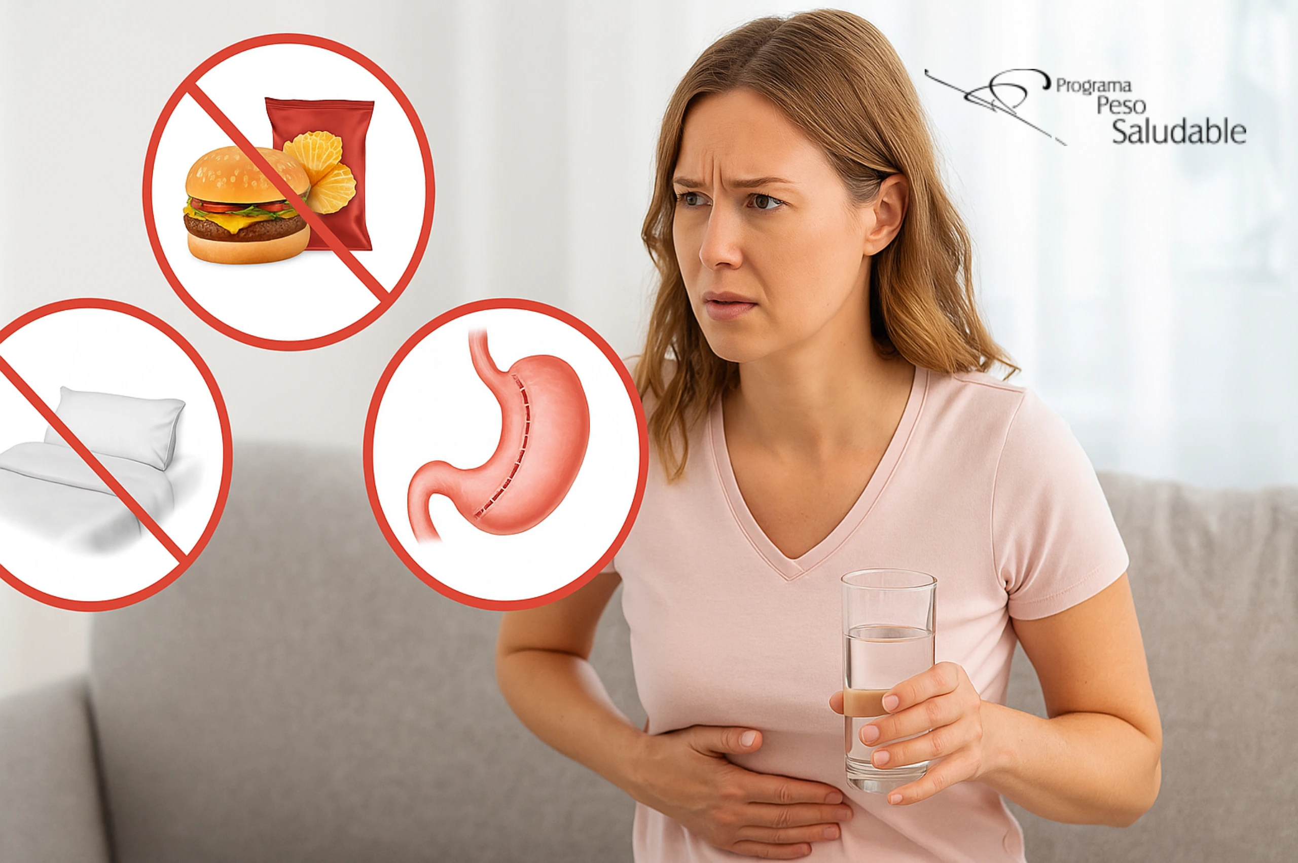 Mujer con expresión de molestia estomacal sosteniendo un vaso de agua, junto a ilustraciones circulares que muestran errores comunes tras el balón gástrico: consumo de comida chatarra, acostarse después de comer y un estómago con el balón. Imagen del Programa Peso Saludable.