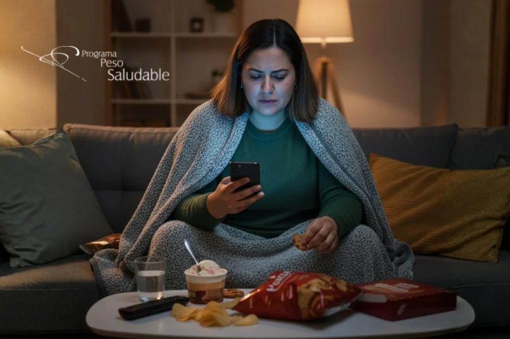 Mujer en casa con alimentación nocturna y uso del celular, reflejando hábitos que pueden indicar dificultad para controlar el peso, Programa Peso Saludable.