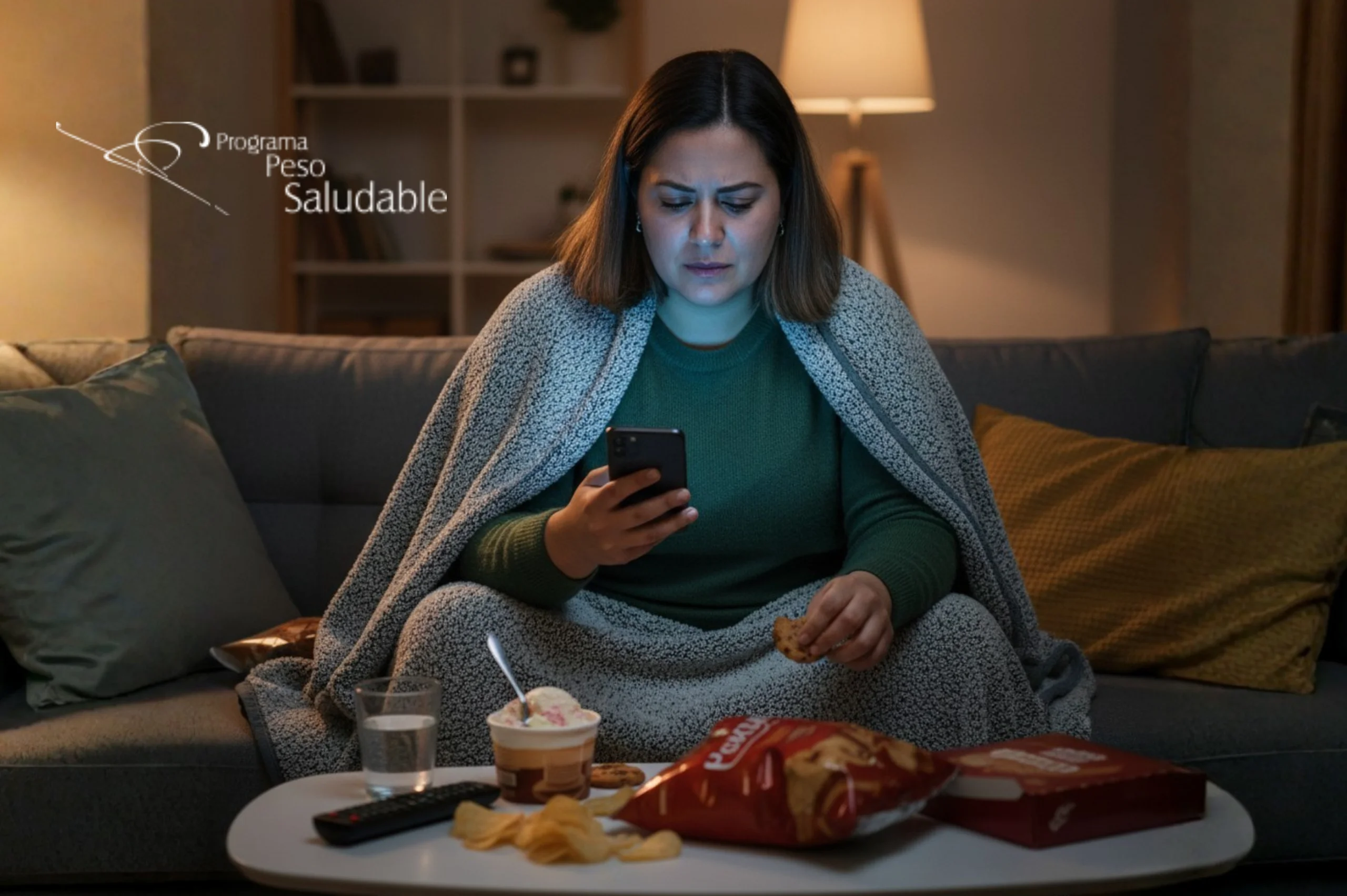 Mujer en casa con alimentación nocturna y uso del celular, reflejando hábitos que pueden indicar dificultad para controlar el peso, Programa Peso Saludable.