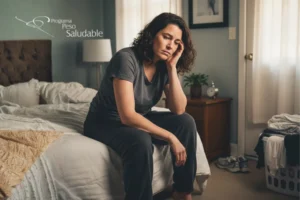 Mujer sentada en la cama con expresión de cansancio y desánimo, reflejando cómo el estilo de vida y el sobrepeso afectan el bienestar diario, Programa Peso Saludable.