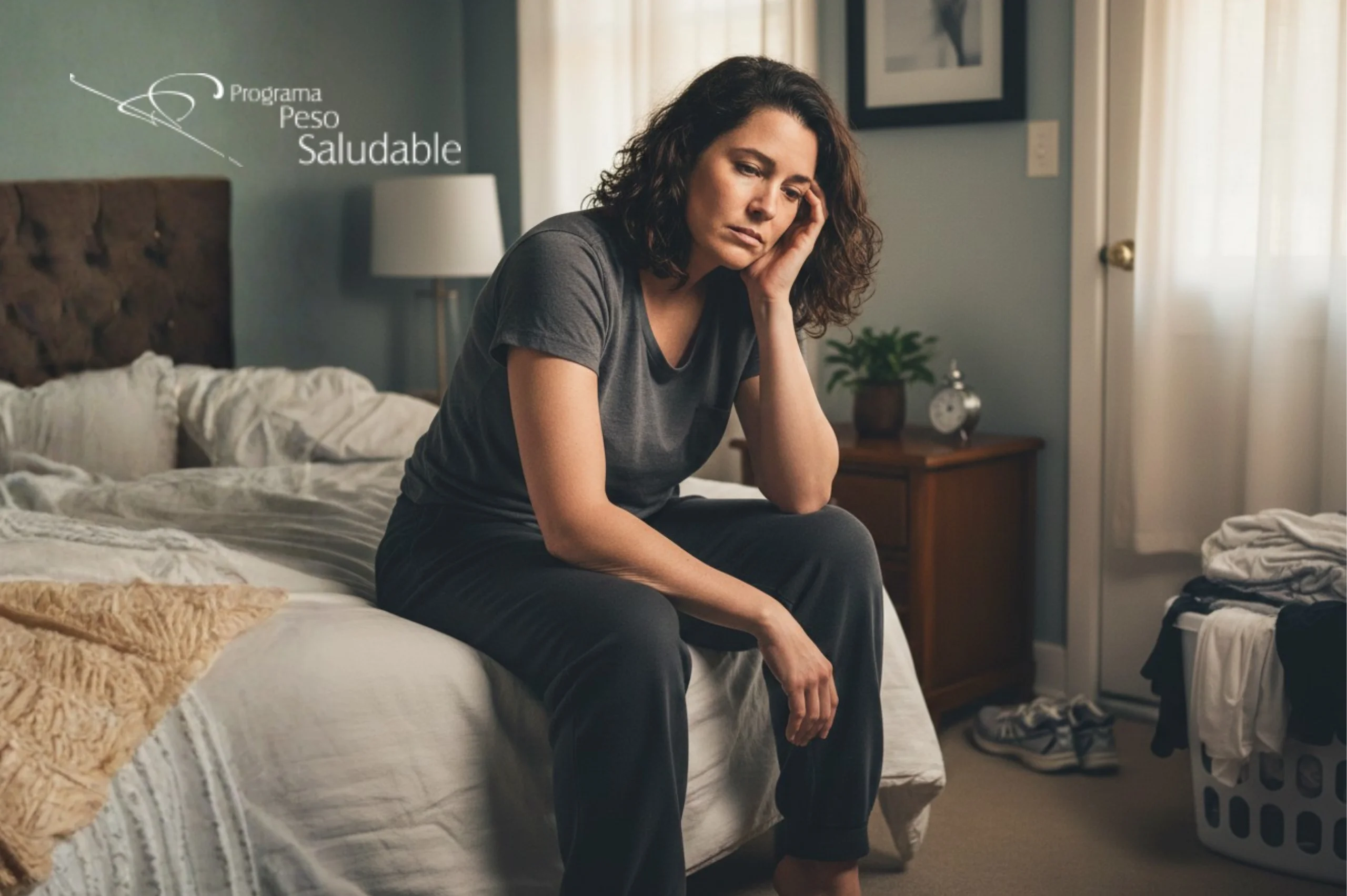 Mujer sentada en la cama con expresión de cansancio y desánimo, reflejando cómo el estilo de vida y el sobrepeso afectan el bienestar diario, Programa Peso Saludable.