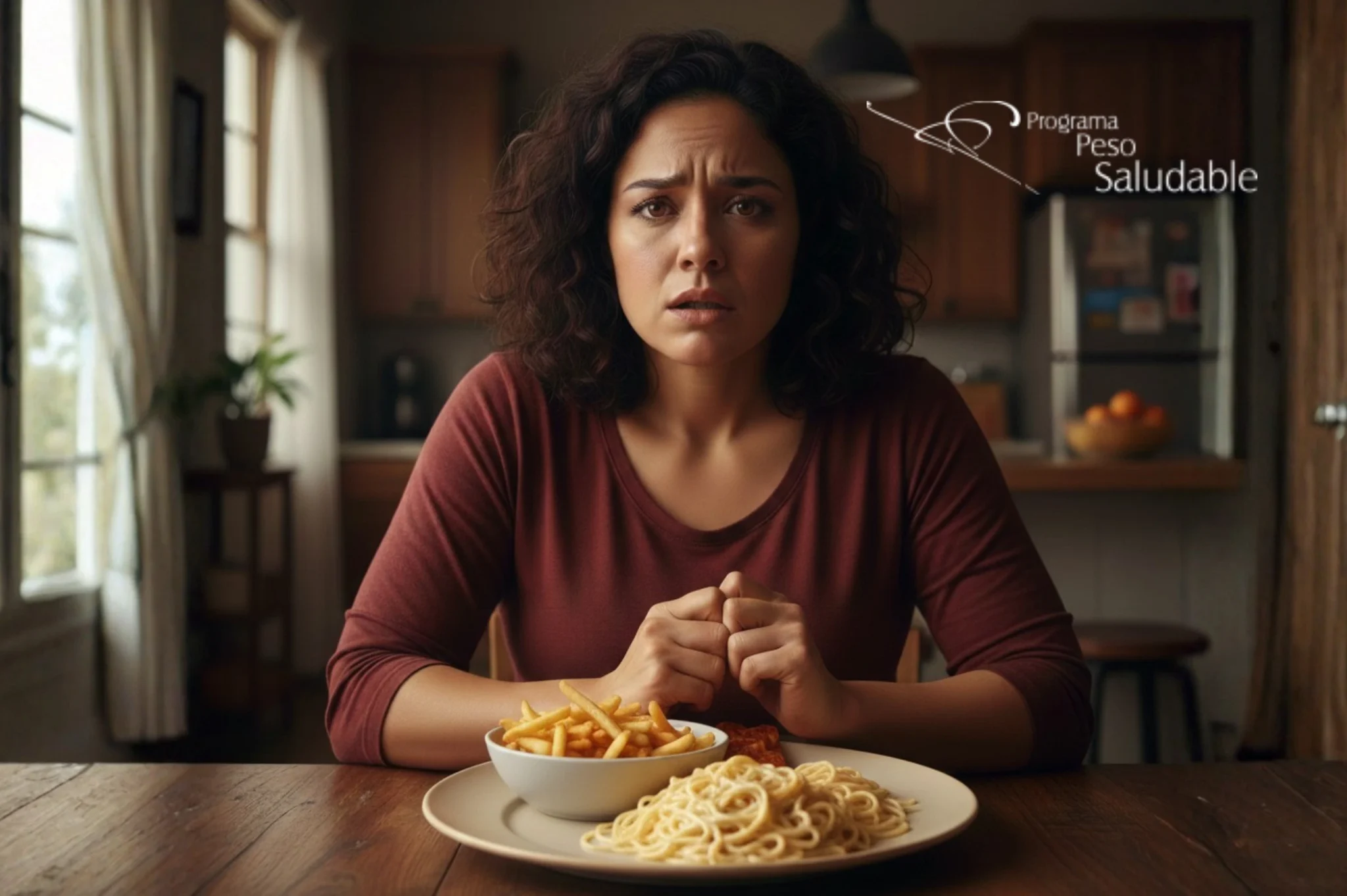 Mujer con expresión de ansiedad frente a un plato de comida, reflejando la relación emocional con la alimentación y los trastornos alimentarios, Programa Peso Saludable.