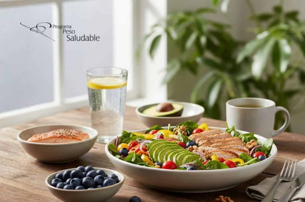 Comida balanceada rica en proteínas y grasas saludables, con salmón, aguacate, vegetales frescos y agua con limón, como parte de un plan de alimentación consciente del Programa Peso Saludable.