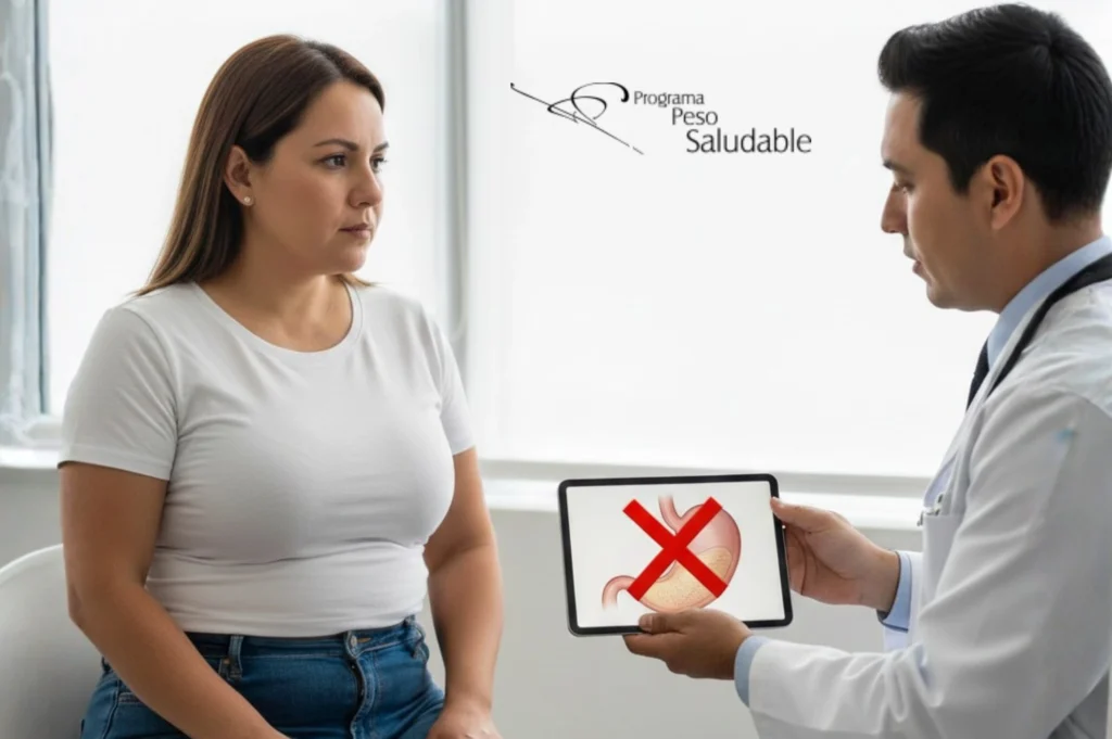 Consulta médica donde un especialista explica a una paciente las condiciones que pueden impedir el uso del balón gástrico, dentro del Programa Peso Saludable.