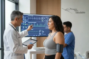 Evaluación médica previa a un programa de peso saludable, con especialista revisando signos vitales y monitoreo clínico en paciente durante consulta.