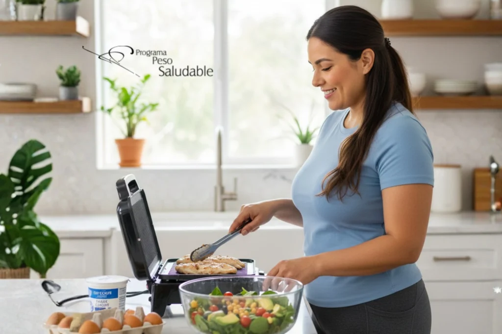 Mujer preparando una comida saludable en casa con proteína y vegetales como parte de un plan nutricional del Programa Peso Saludable. Alimentación balanceada para control de peso y mantenimiento de masa muscular en Programa Peso Saludable.