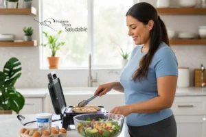 Mujer preparando una comida saludable en casa con proteína y vegetales como parte de un plan nutricional del Programa Peso Saludable. Alimentación balanceada para control de peso y mantenimiento de masa muscular en Programa Peso Saludable.