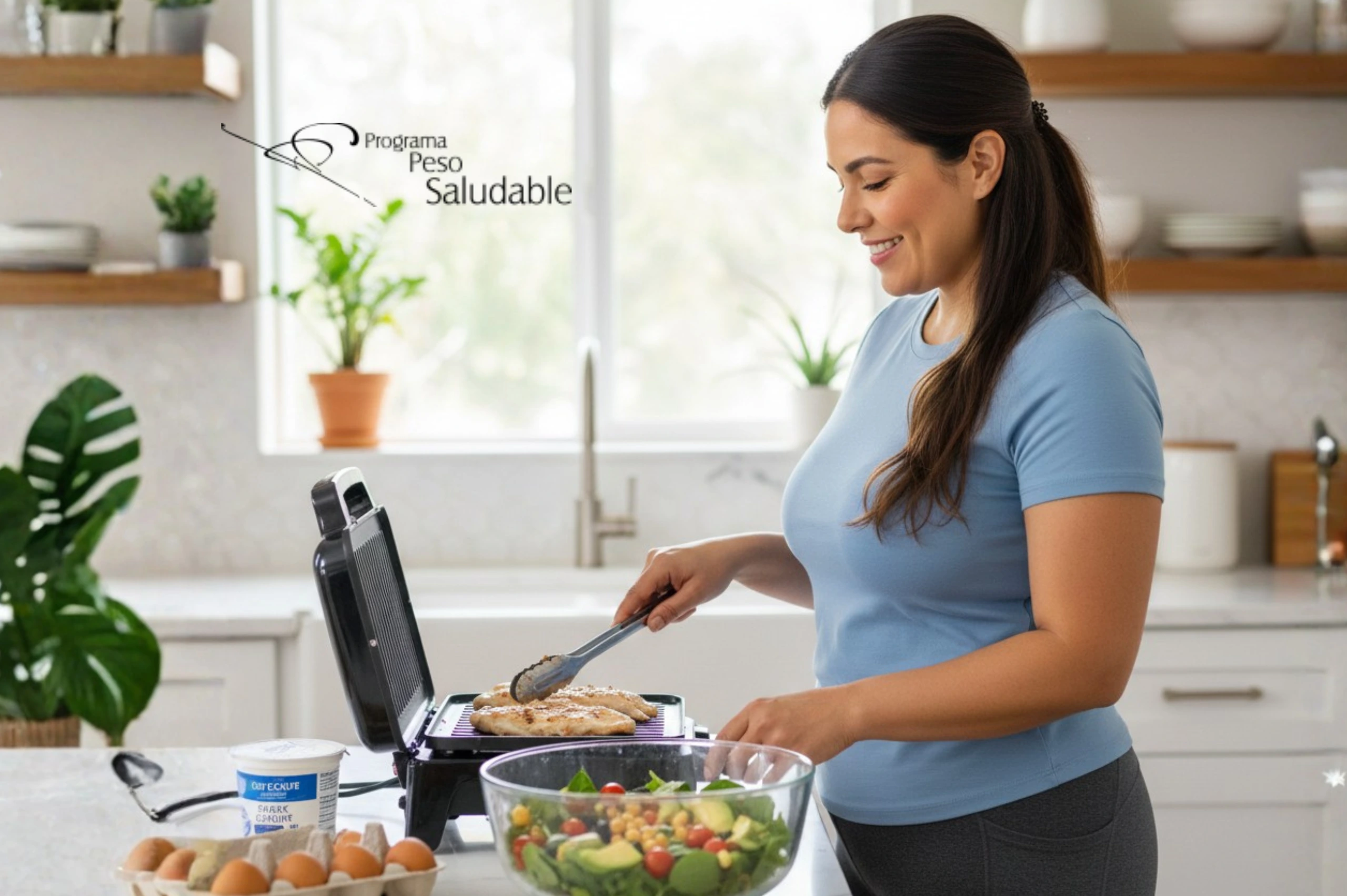 Mujer preparando una comida saludable en casa con proteína y vegetales como parte de un plan nutricional del Programa Peso Saludable. Alimentación balanceada para control de peso y mantenimiento de masa muscular en Programa Peso Saludable.