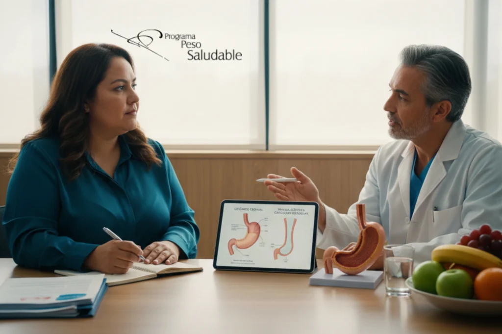 Consulta médica entre especialista y paciente durante evaluación de pérdida de peso, con explicación del estómago y la manga gástrica apoyada en un modelo anatómico y una tableta.