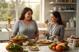 Asesoría nutricional personalizada dentro del Programa Peso Saludable, con profesional guiando a paciente en la preparación de una comida balanceada y hábitos alimenticios sostenibles.