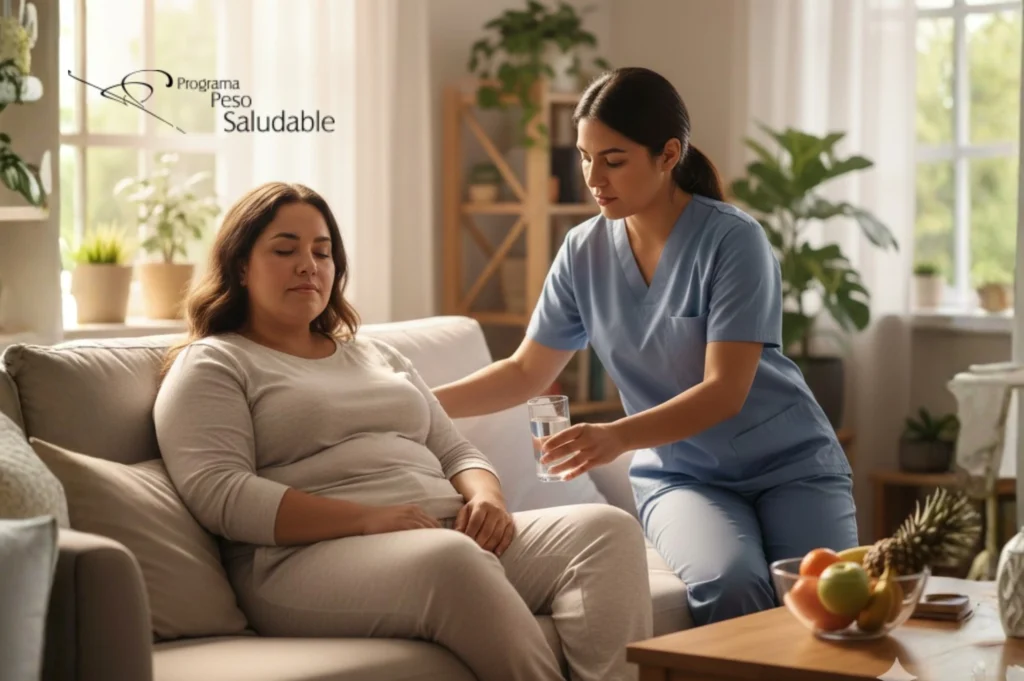 Acompañamiento clínico en el hogar dentro de un programa de peso saludable, con profesional de la salud asistiendo a paciente en proceso de recuperación y hábitos saludables.