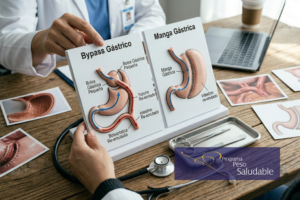 Bypass gástrico vs manga gástrica en consulta médica con modelo anatómico de cirugía bariátrica