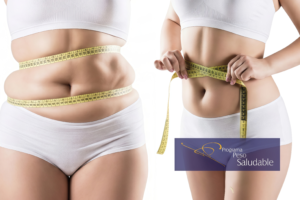 Comparación del abdomen de una mujer antes y después de perder peso, midiendo la cintura con cinta métrica, junto al logo de Programa Peso Saludable