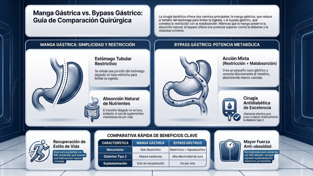 Comparación entre manga gástrica y bypass gástrico mostrando diferencias en restricción, absorción de nutrientes, beneficios metabólicos y resultados en pérdida de peso