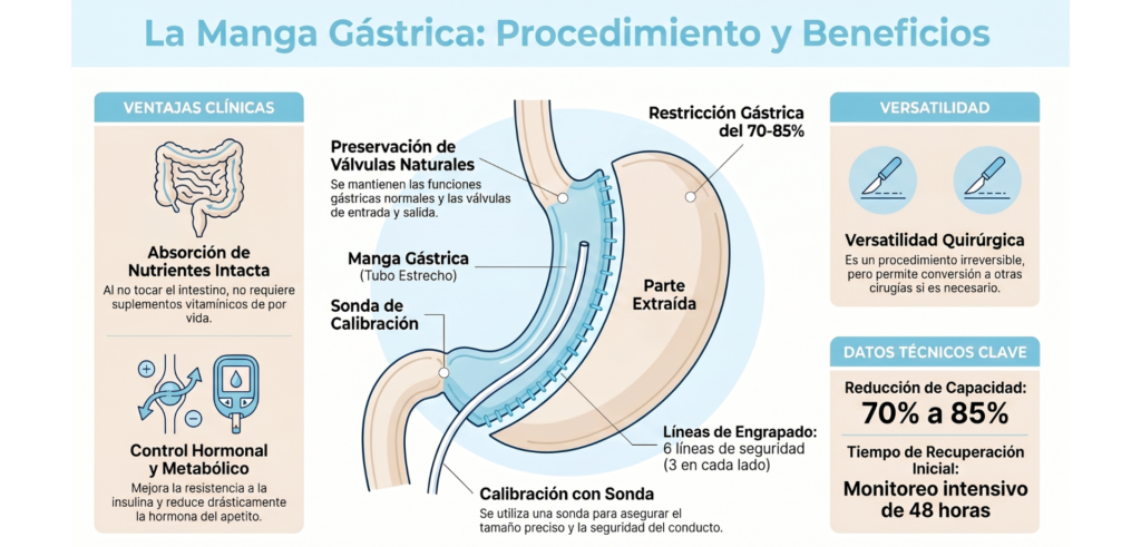 Infografía médica sobre la manga gástrica que explica el procedimiento, la reducción del estómago, sus beneficios clínicos, control hormonal y datos técnicos de recuperación
