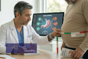 Consulta médica para manga gástrica y cirugía bariátrica en paciente con obesidad y medición abdominal