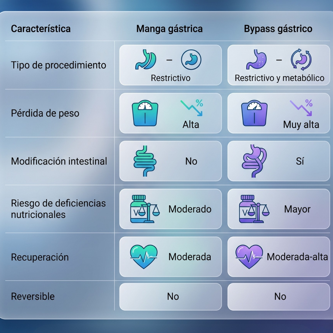 Tabla comparativa entre manga gástrica y bypass gástrico mostrando diferencias en pérdida de peso, recuperación, modificación intestinal y riesgo nutricional