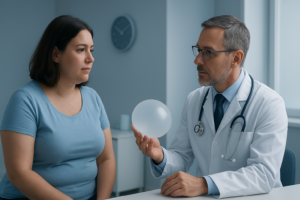 Médico explicando el procedimiento de balón gástrico a una paciente durante consulta especializada en control de peso y obesidad.