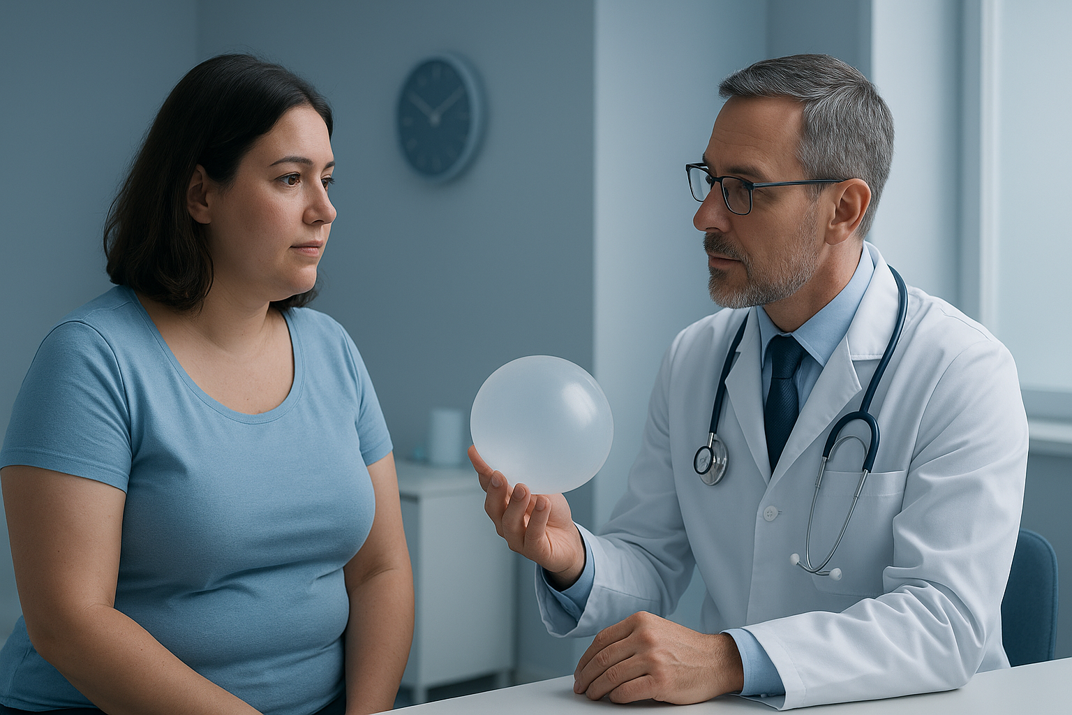 Médico explicando el procedimiento de balón gástrico a una paciente durante consulta especializada en control de peso y obesidad.
