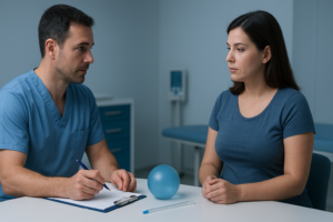 Consulta médica sobre balón gástrico donde un especialista explica el tratamiento a una paciente con sobrepeso.