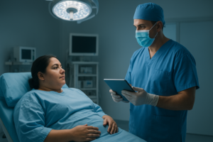Paciente recibiendo valoración médica previa a cirugía bariátrica en quirófano con acompañamiento de especialista en obesidad.