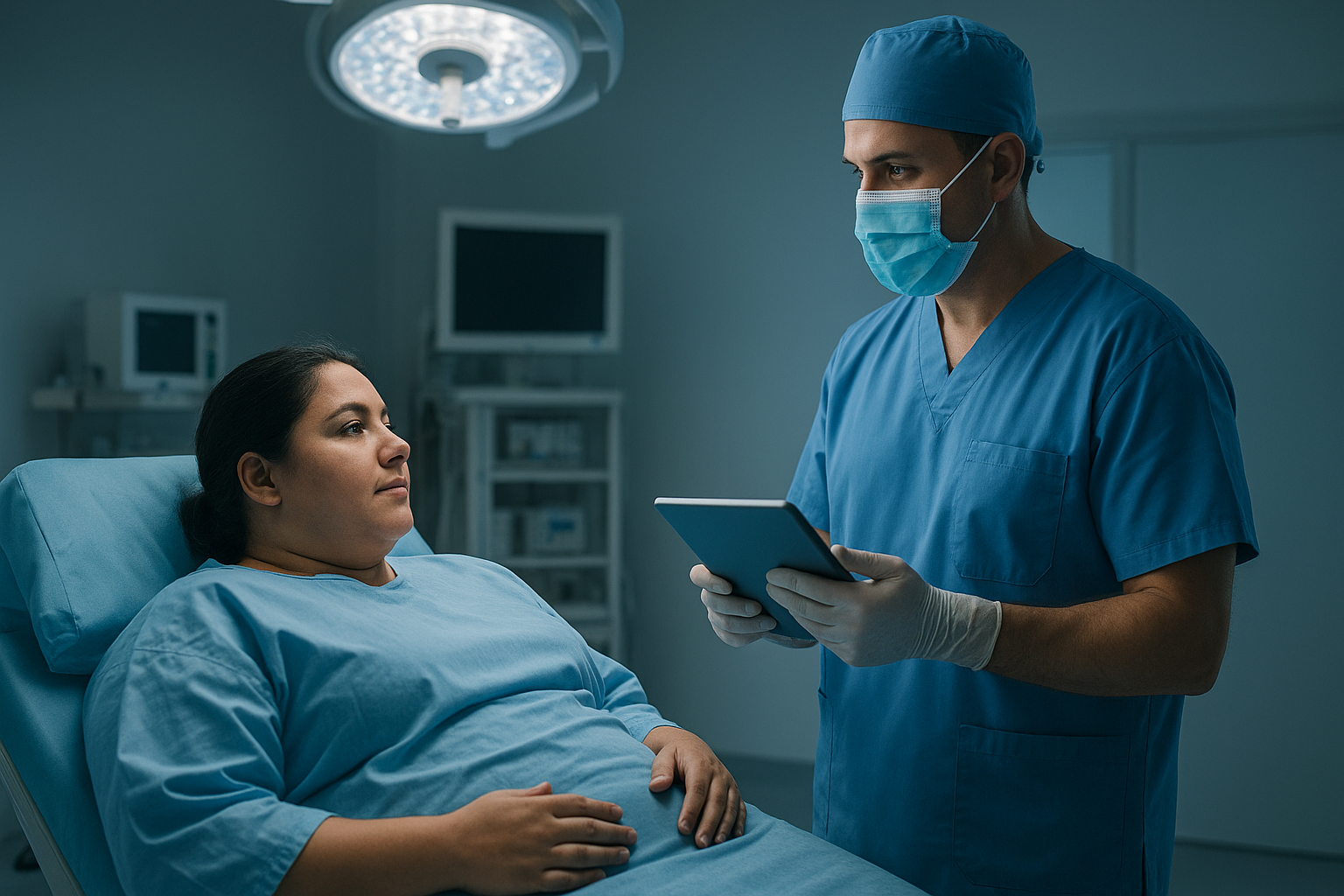 Paciente recibiendo valoración médica previa a cirugía bariátrica en quirófano con acompañamiento de especialista en obesidad.