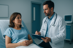 Médico realizando valoración clínica a paciente hospitalizada antes de procedimiento de cirugía bariátrica o tratamiento para obesidad.