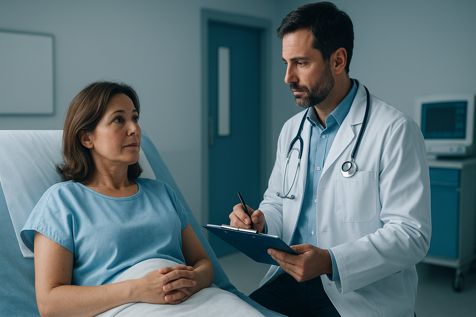 Médico realizando valoración clínica a paciente hospitalizada antes de procedimiento de cirugía bariátrica o tratamiento para obesidad.