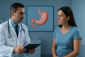 Médico especialista explicando opciones de tratamiento bariátrico a una paciente durante consulta de valoración para control de peso.