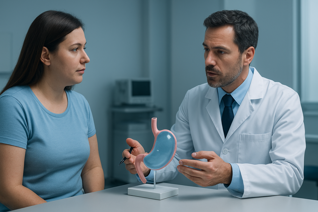 Doctor explicando procedimiento bariátrico a paciente con sobrepeso usando modelo anatómico del estómago en consulta médica especializada.