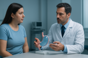 Doctor explicando procedimiento bariátrico a paciente con sobrepeso usando modelo anatómico del estómago en consulta médica especializada.