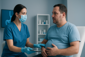 Profesional de salud evaluando a un paciente con sobrepeso durante una consulta médica para control de peso y salud digestiva.